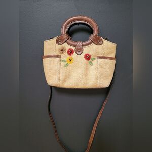 FOSSIL Genuine Classic 1954 Natural Woven Straw Small Handbag Floral Embroidered